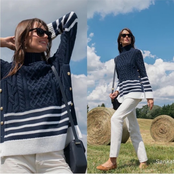 Tuckernuck Sweaters - Tuckernuck Navy Striped Sankaty Cable Knit Chunky Nautical Sweater Size Large